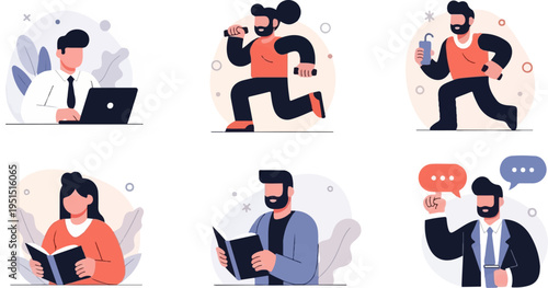 Diverse individuals engaged in work, fitness, learning, and communication activities