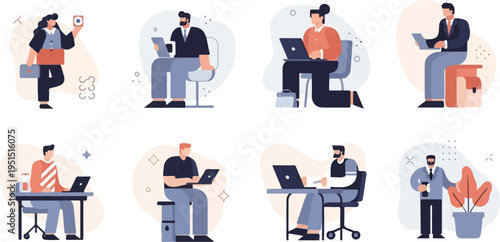 Diverse professionals engage in office work, using laptops and attending to tasks