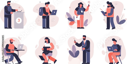 Diverse group of people in flat design, working, presenting, and interacting