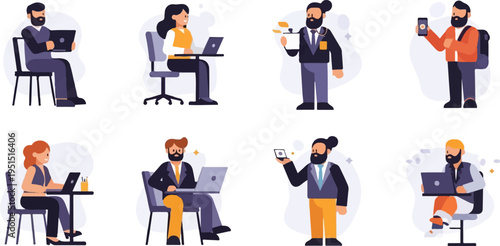 Diverse individuals engage in work, communication, and mobile tasks