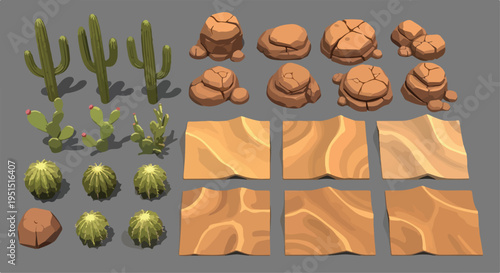 Desert Landscape Game Assets Vector Set with Stylized Cacti, Rocks, and Sand Dunes for Mobile Game Development and Environment Design