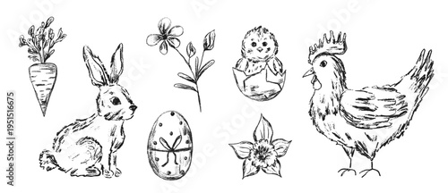Easter sketch set with hand drawn bunny, egg and flowers
