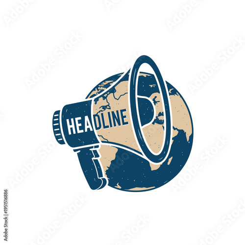 Megaphone Broadcasting Global Headline News Illustration Vintage Retro Style Graphic Design Communication Worldwide Announcement