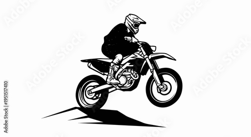 Motocross rider in mid-air on dirt bike, black and white graphic