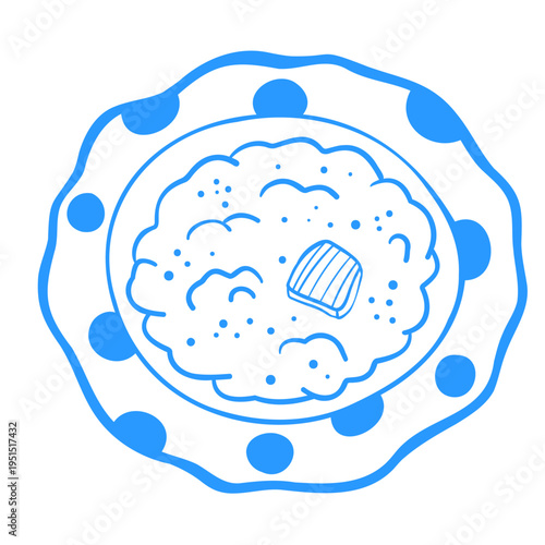 Rice porridge in a spotted bowl. Cartoon kitchen breakfast linear doodle sketch. Mediterranean linear style blue vector illustration.