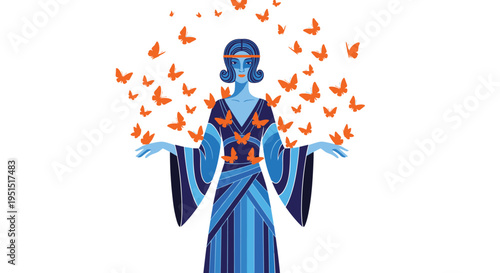 A stylized blue woman in a patterned dress stands with outstretched arms surrounded by numerous orange butterflies on a white background.