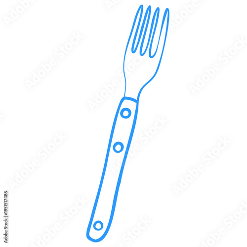Cutlery. Breakfast fork linear doodle sketch. Mediterranean linear style blue vector illustration.