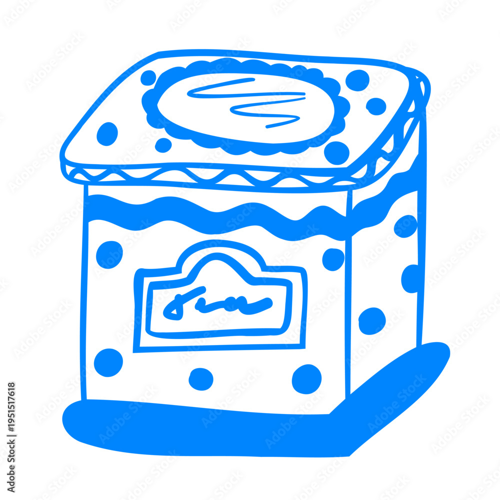 Fototapeta premium Vintage tin kitchen storage box. Container for flour, sugar, and salt. Breakfast linear doodle sketch. Mediterranean lineart style blue vector illustration.