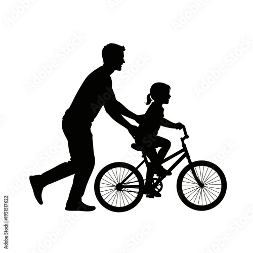 Man helping little girl ride bicycle.