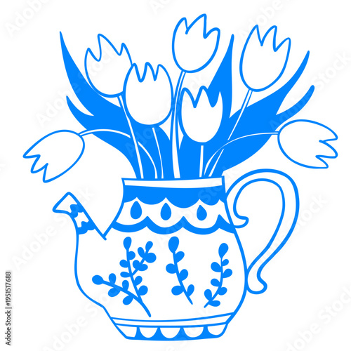 A bouquet of flowers in a teapot. Tulips in the kitchen in spring. Cartoon linear doodle sketch. Mediterranean lineart style blue vector illustration.