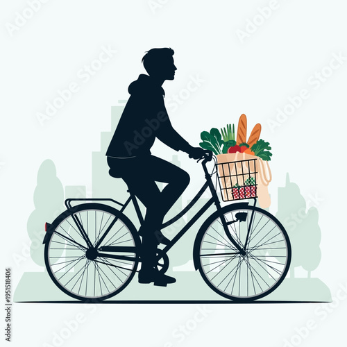 Man Riding Bicycle with Grocery Basket.