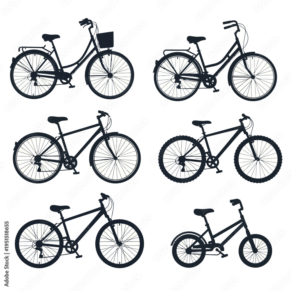 Obraz premium Six black bicycles in different positions.
