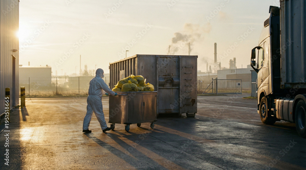 Naklejka premium Worker in protective suit transporting yellow biohazard waste bags on cart at outdoor medical facility loading dock at dawn.