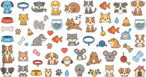 Cute Cartoon Pet Care Icon Collection with Dogs Cats Fish Mice Food Bowls Toys and Veterinary Elements for Animal Vector Design