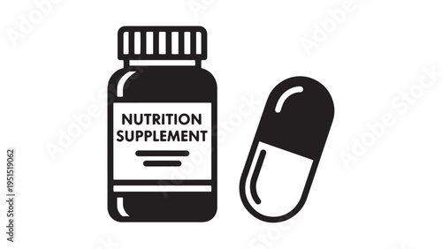 Nutrition supplement bottle and capsule pill icon vector for pharmacy and wellness concept