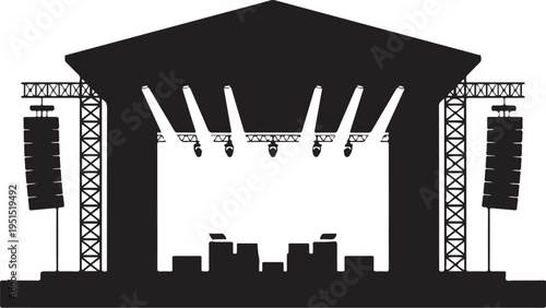 Black silhouette of outdoor concert stage with speakers and spotlights