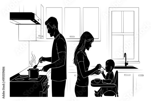 Couple Cooperating in Kitchen Cooking and Feeding Baby Shared Household Duties Black Vector Silhouette