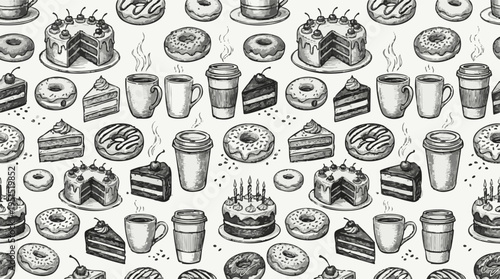 Seamless repeating pattern of delicious hand-drawn cakes and donuts with coffee cups