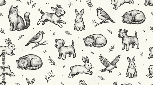 Seamless repeat pattern of cute hand-drawn animals, perfect for wallpaper and fabric design