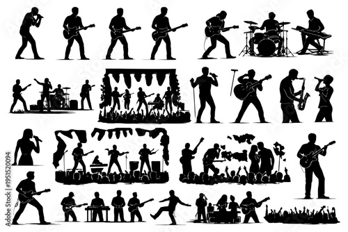 Energetic band silhouette compilation with guitarists and drummers on stage.