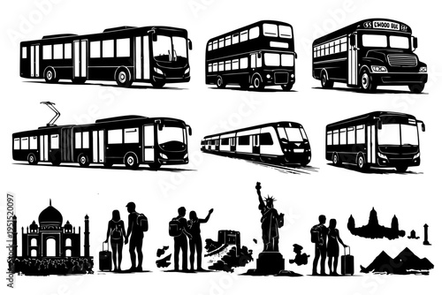 Silhouettes of diverse transportation modes and famous landmarks with travelers.
