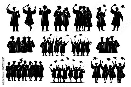 Silhouettes of diverse graduates celebrating with caps and diplomas.