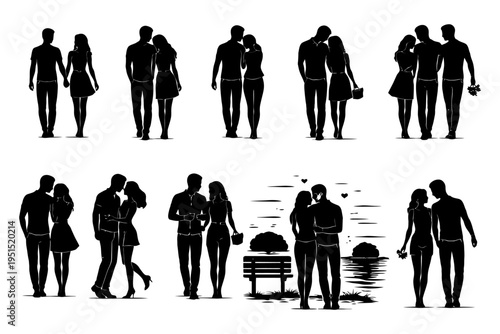 Silhouettes of couples: romantic walks and intimate moments.