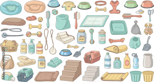 Cartoon Pet Care Supplies Collection with Beds Bowls Collars Grooming Tools Litter Trays Carriers and Hygiene Accessories for Animal Vector Design