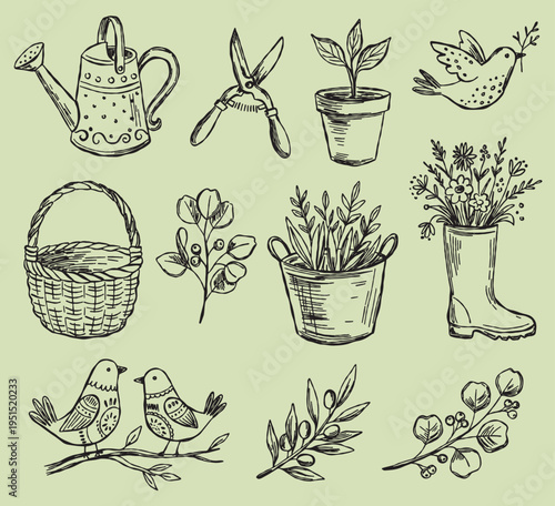 Hand-drawn botanical garden set. Simple vintage rustic spring nature flora sketch elements. Garden tools foliage collection.
