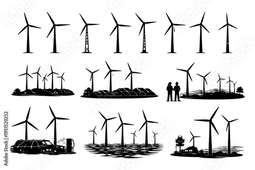 Wind turbines and renewable energy scenes with silhouettes.