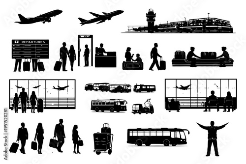 Airport travel silhouettes with passengers, airplanes, and transportation elements.