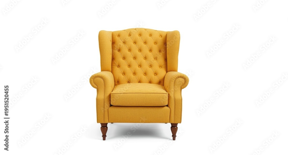 Obraz premium Isolated yellow armchair with art deco quilted pattern seen from front on white background with clipping path
