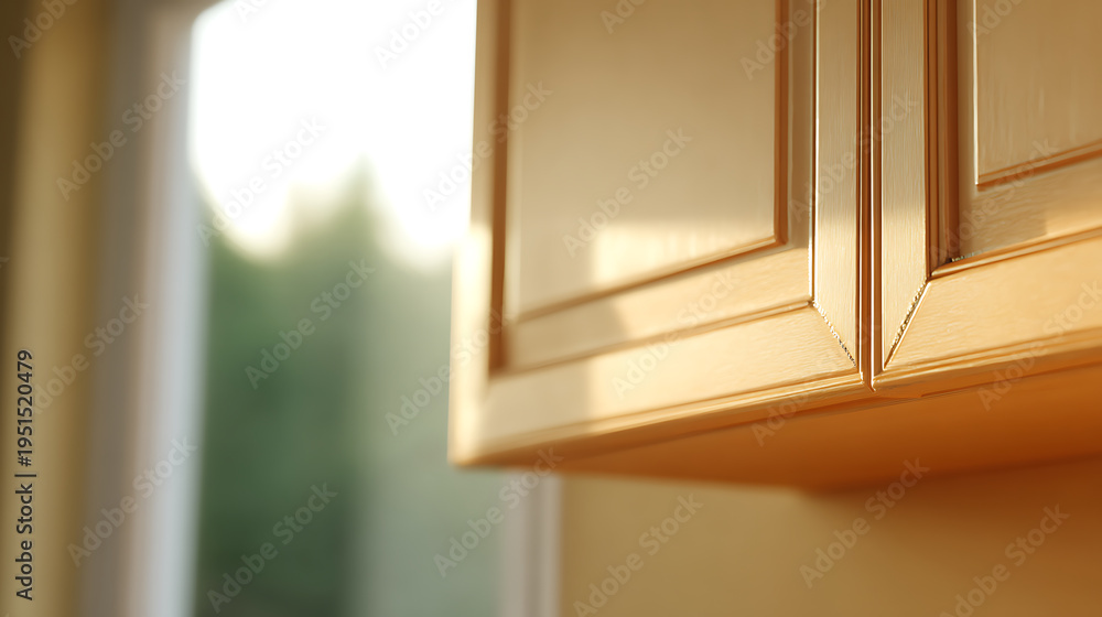 Fototapeta premium Warm sunlight illuminates clean wooden kitchen cabinets, creating a bright and inviting atmosphere in a contemporary home interior space