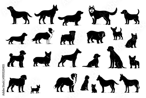 Silhouette collection of various dog breeds in different poses.