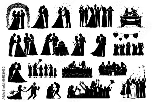Silhouette wedding celebration with diverse couples and joyous dancing.
