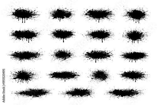 Collection of abstract black grunge ink splatter blots on white background.