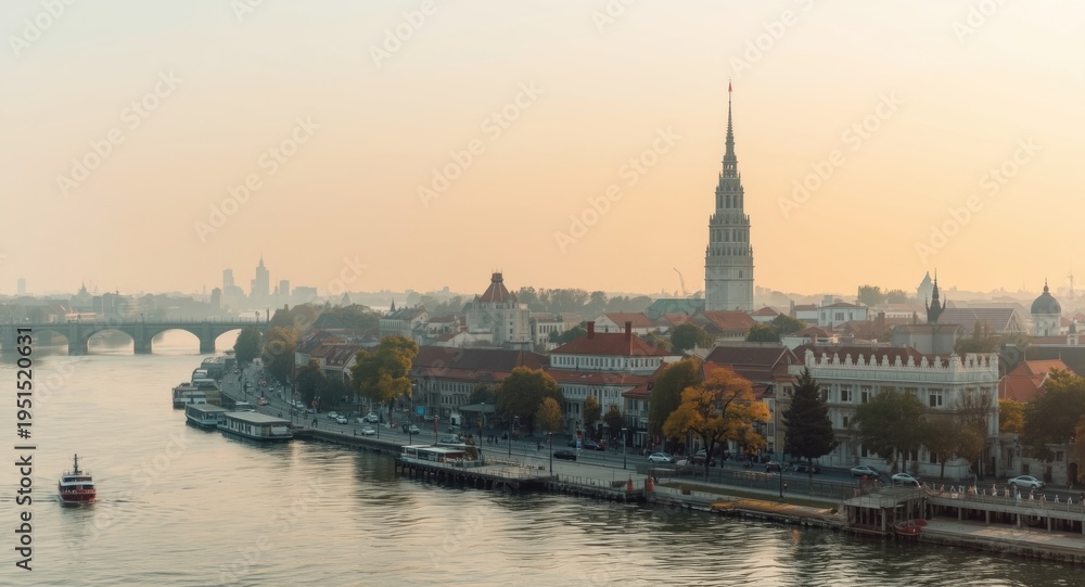 Obraz premium Expansive morning panorama showing a significant city tower and traditional temple alongside a river