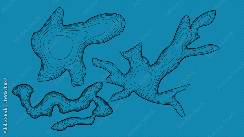 Fototapeta premium Abstract, irregularly shaped blobs and forms in various sizes on a deep blue background