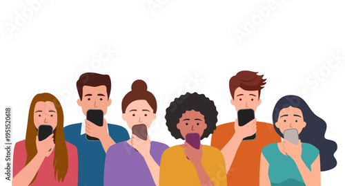 Crowd phone addiction. Addicted many people smartphone technology and addict free man, social media cellphone obsession, person with phones read news vector illustration of smartphone communication