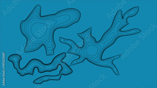 Abstract, irregularly shaped blobs and forms in various sizes on a deep blue background