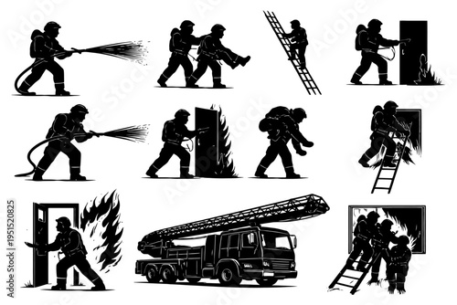 Silhouette firefighting actions and equipment - firehose, ladder, firetruck.