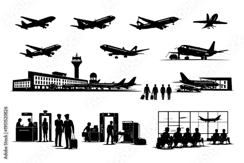 Silhouette of airplanes and people at airport with terminal and control tower.