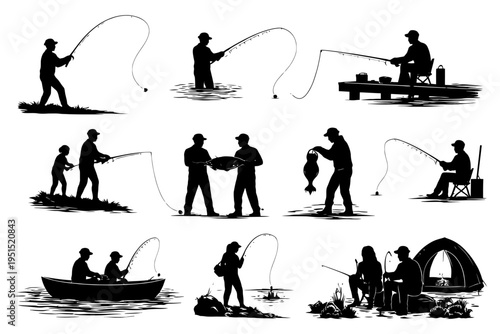 Silhouettes of people engaging in various fishing activities.