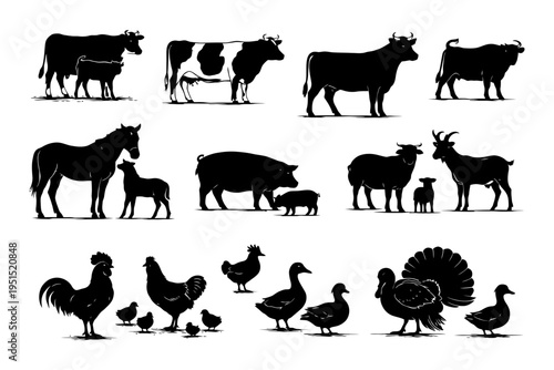 Farm animal silhouettes collection: cows, horses, pigs, goats, sheep, chickens, ducks, turkey.