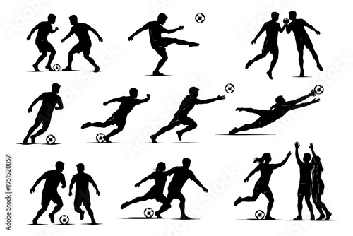 Silhouettes of soccer players kicking, running, and celebrating on field.