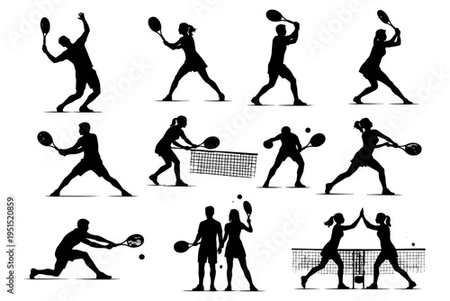 Silhouettes of tennis players in action.