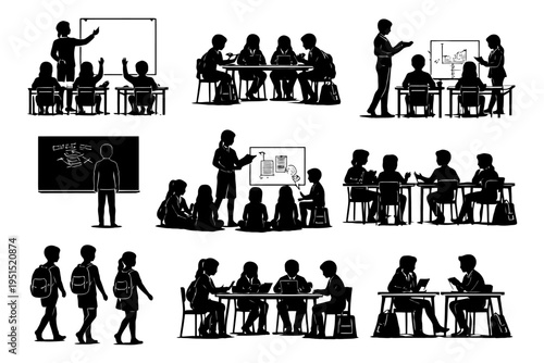 Silhouettes of students and teacher in classroom setting.