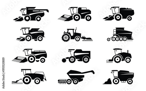 Collection of black silhouette icons of various farming tractors and agricultural machinery