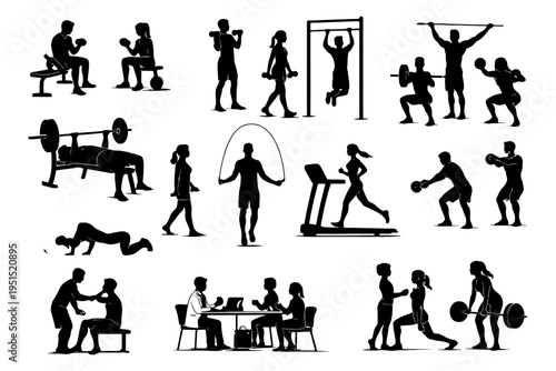 Silhouette illustrations of diverse fitness activities and exercises.