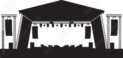 Black silhouette of outdoor stage with truss towers and lighting
